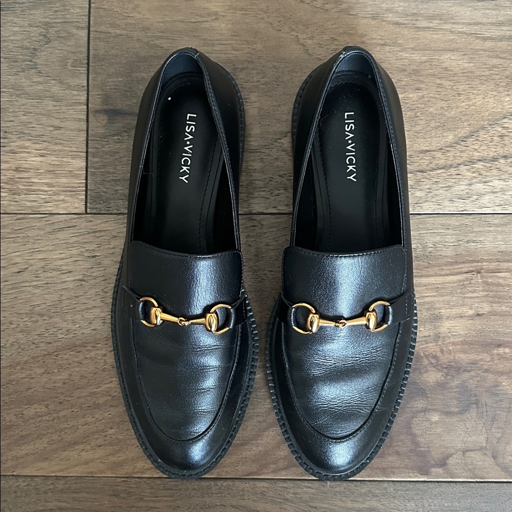 Lisa Vicky Zany Black Leather Loafers with Gold Bit Detail, Size 8